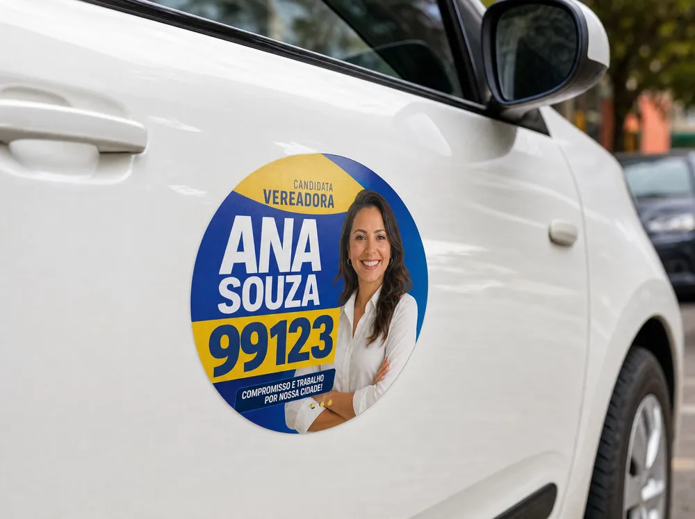 Adesivo redondo de porta com candidata fictícia