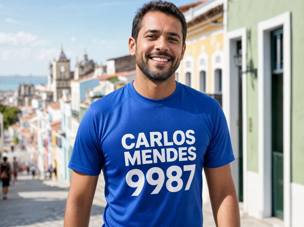 Camisetas de campanha política personalizadas com nome e número de candidato fictício, produzidas em Salvador