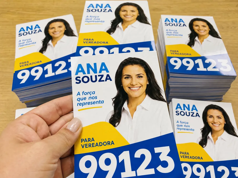 Santinhos de papel couchê com candidata fictícia